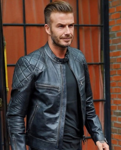 David Beckham Quilted Style Black Leather Biker Jacket