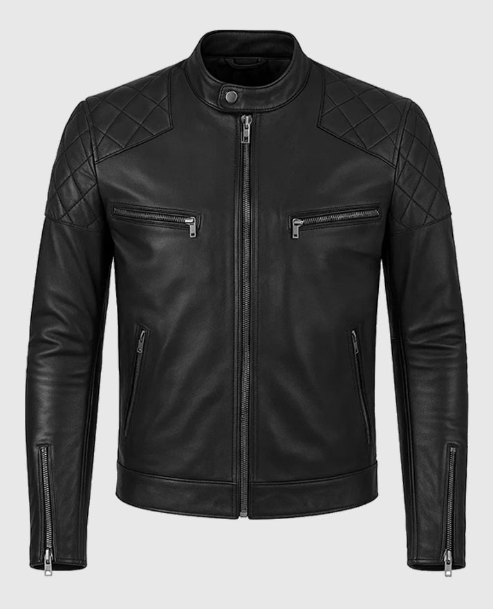 David Beckham Quilted Style Black Leather Black Biker Jacket
