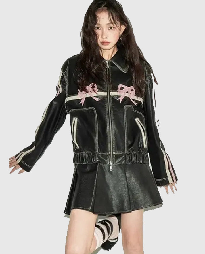 Diddi Moda Pink Ribbon Black Leather Jacket