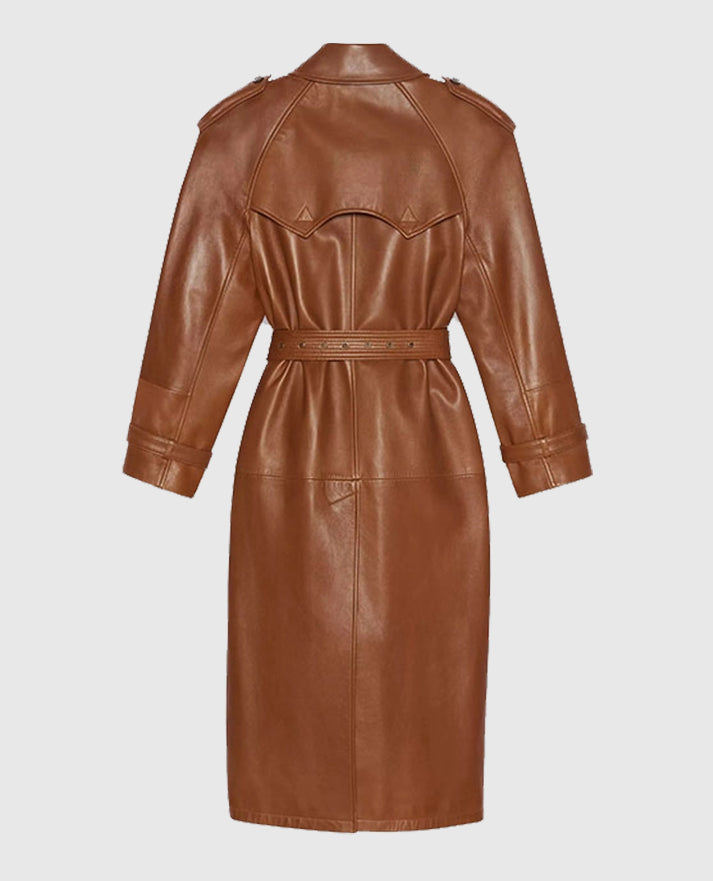 Double Breasted Ivy Leather Long Coat for Women