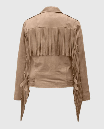 Dusty Beige Suede Leather Fringes Jacket for Women