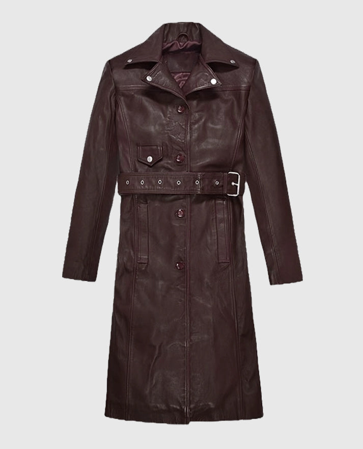 Eiza Gonzalez Maroon Leather Trench Coat