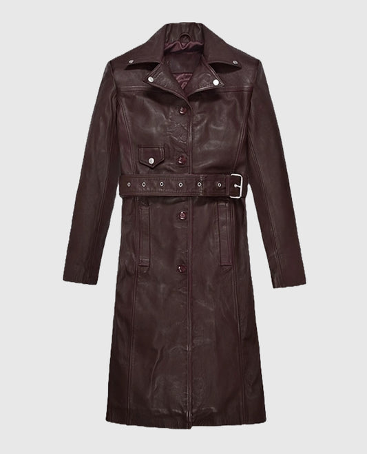 Eiza Gonzalez Maroon Leather Trench Coat