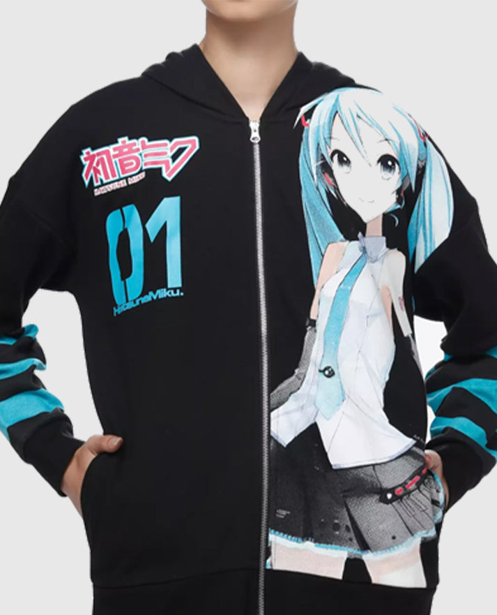 Hatsune Miku Jumbo Print Stripe Girls Zipper Hoodie