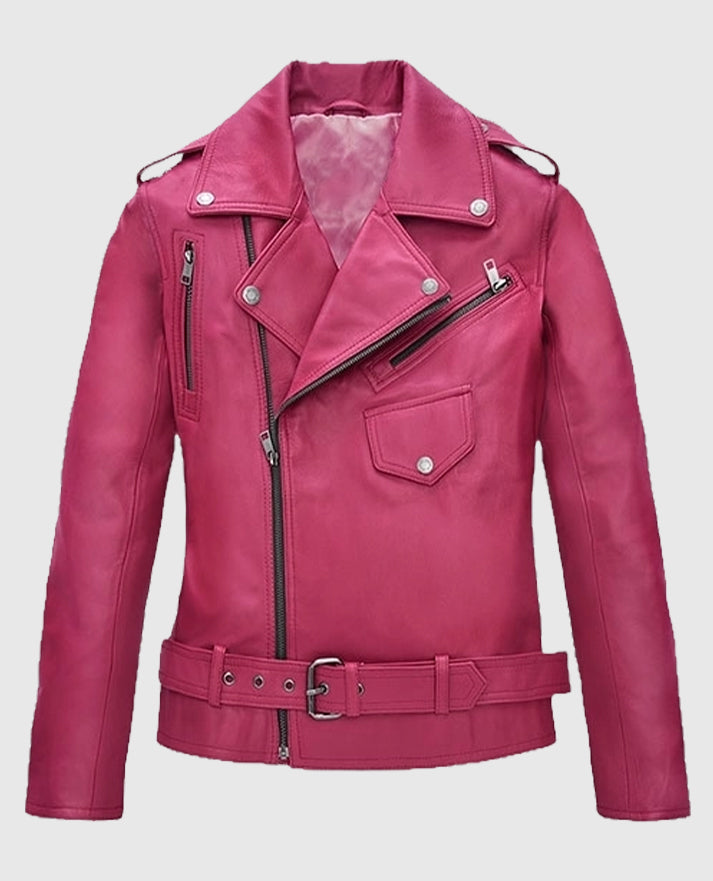 Jessica Alba Pink Leather Biker Jacket