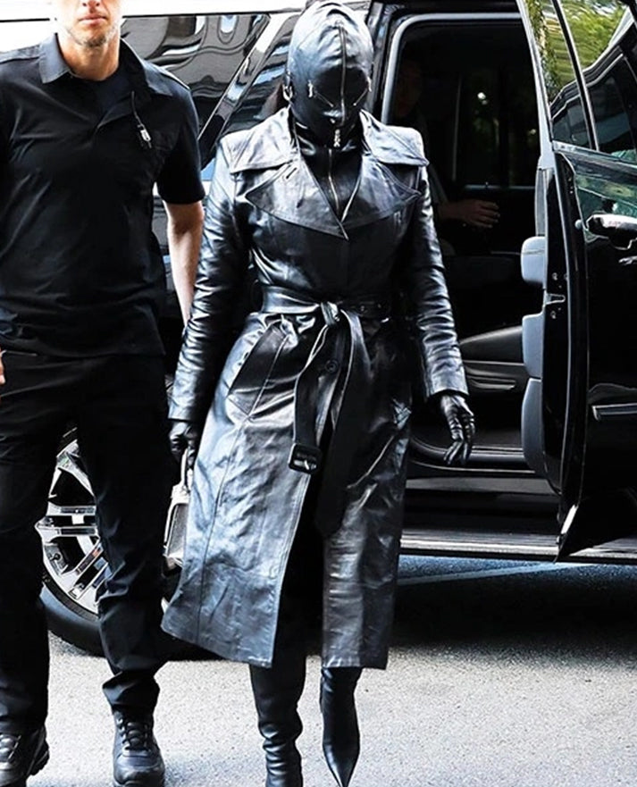Kim Kardashian Black Leather Long Coat