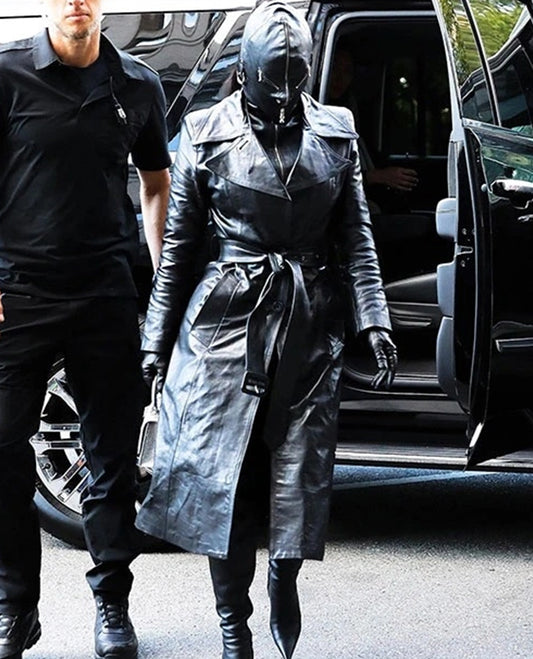 Kim Kardashian Black Leather Long Coat