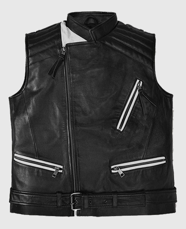 Men's Black Belted Biker Vest with White Highlights
