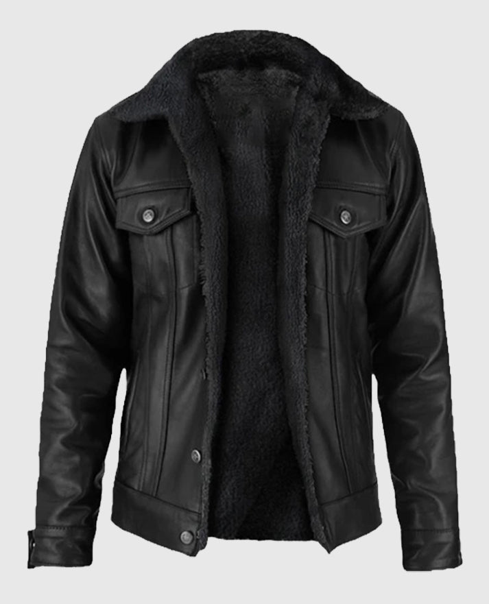 Men's Black Leather Sherpa Jacket