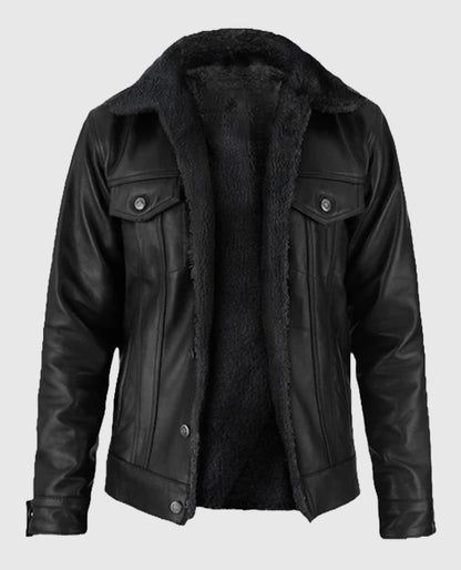 Men's Black Leather Sherpa Jacket