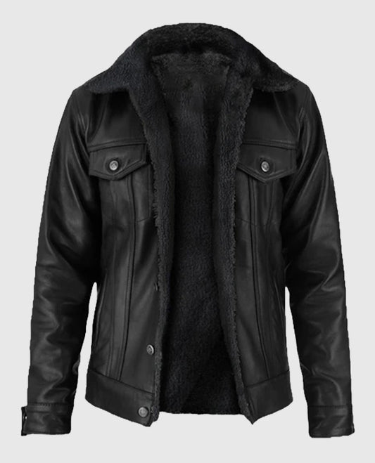 Men's Black Leather Sherpa Jacket