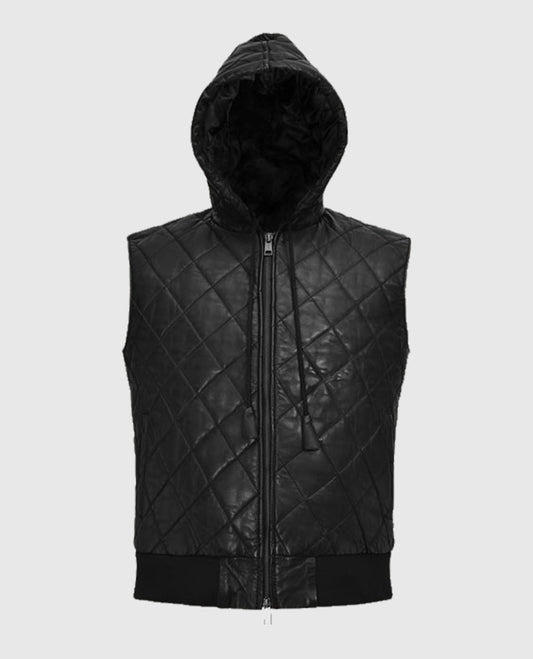 Men's Black Quilted Hooded Leather Vest