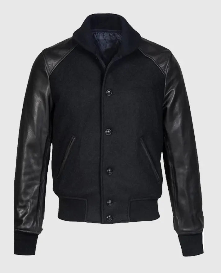 Men's Black Wool and Leather Varsity Jacket