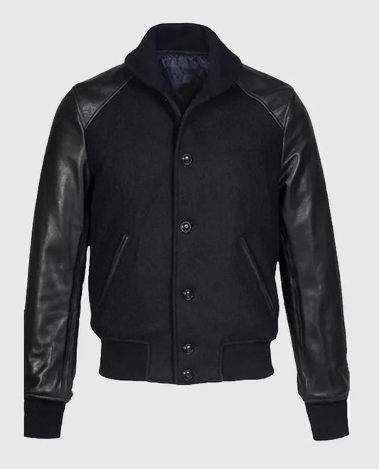 Men's Black Wool and Leather Varsity Jacket