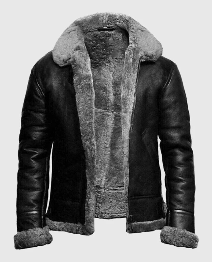 Me's Pilot FUR Aviator Flying Bomber Black Jacket