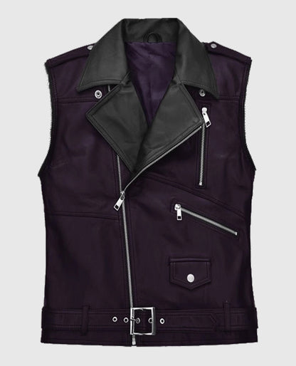 Men's Two-Tone Purple and Black Biker Leather Vest