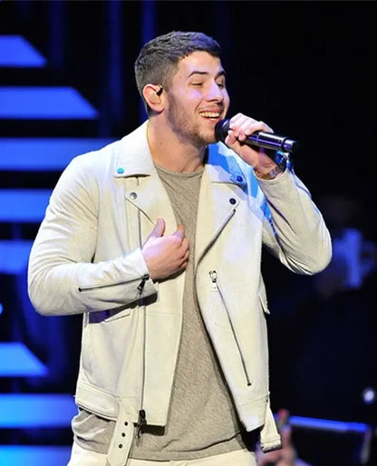 Nick Jonas White biker Leather Jacket