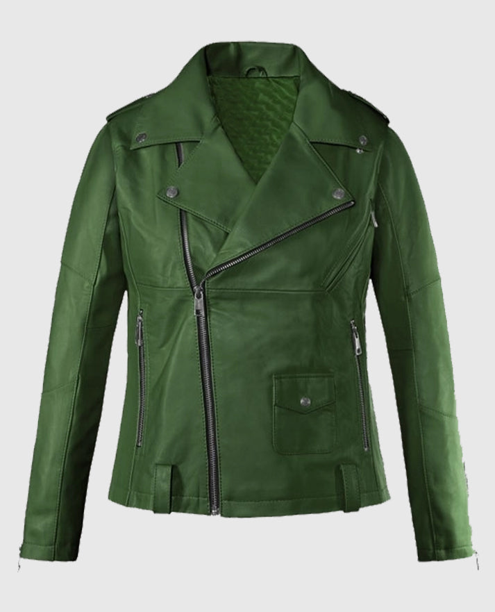 Rihanna Green Leather Biker Jacket