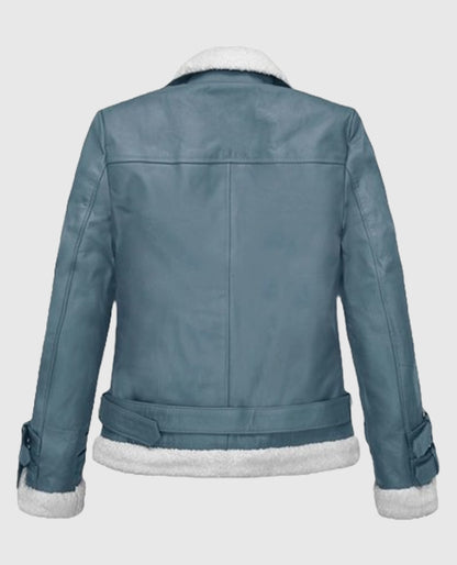 Rita Ora Blue Shearling Biker Leather Jacket
