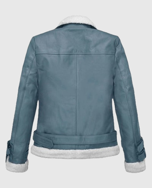 Rita Ora Blue Shearling Biker Leather Jacket