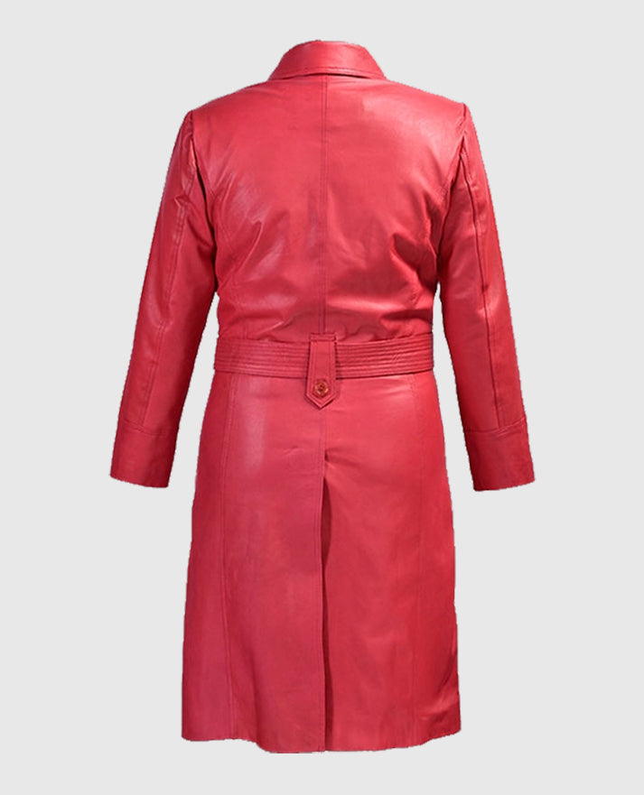  Rita Ora Soft Raspberry Red Leather Long Coat