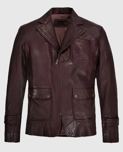 Robert Downey Jr Tony Stark Burgundy Leather Blazer
