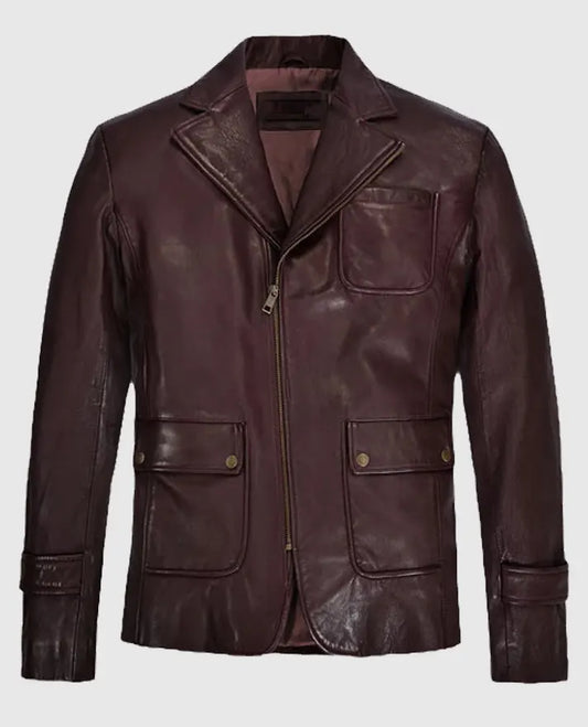 Robert Downey Jr Tony Stark Burgundy Leather Blazer