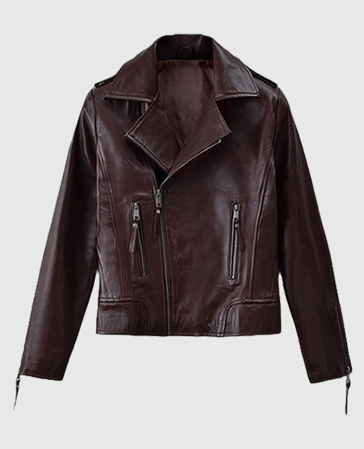 Rosie Huntington Burgundy Leather Jacket 