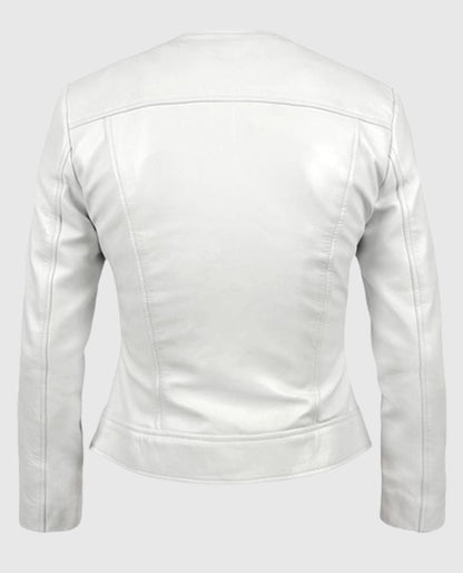 Round Neck White Biker Leather Jacket for Women