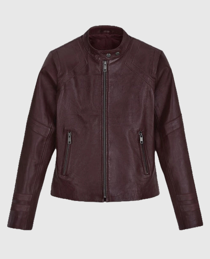 San Andreas Alexandra Daddario Maroon Leather Jacket