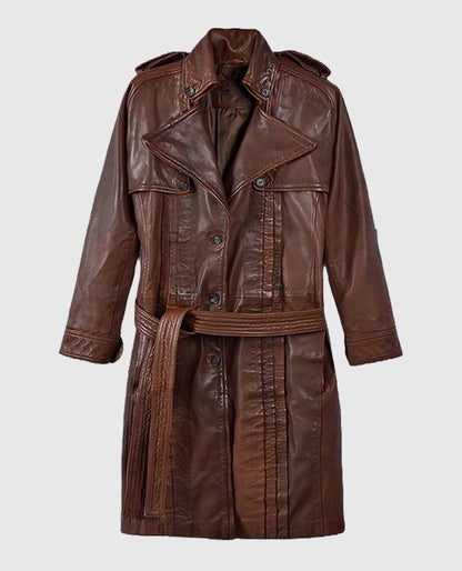 Spanish Brown Leather Long Coat For Women