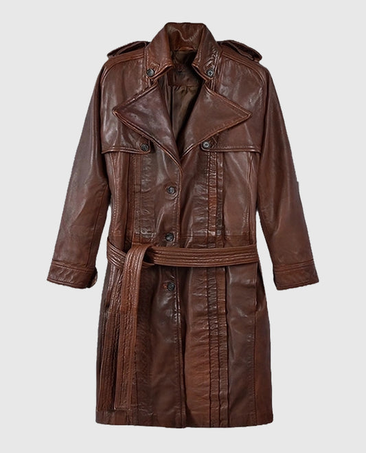Spanish Brown Leather Long Coat For Women