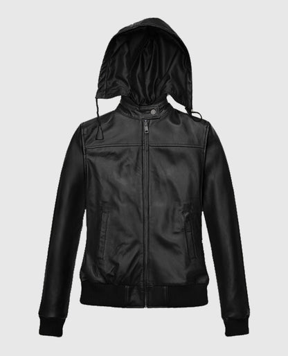Symphony Detachable Hood Leather Jacket For Women