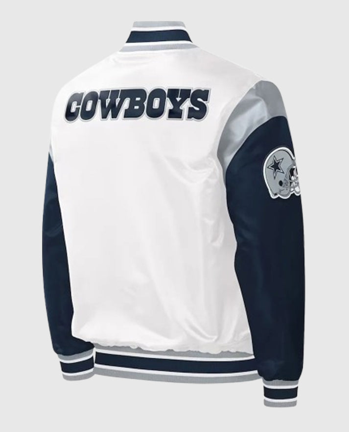 Warm-Up Pitch Dallas Cowboys White and Blue Varsity Satin Jacket
