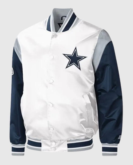 Warm-Up Pitch Dallas Cowboys White and Blue Varsity Satin Jacket
