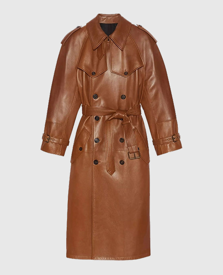 Women's Double Breasted Ivy Leather Long Coat