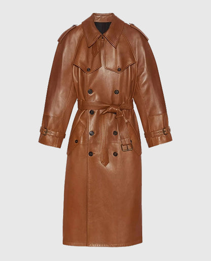Women's Double Breasted Ivy Leather Long Coat