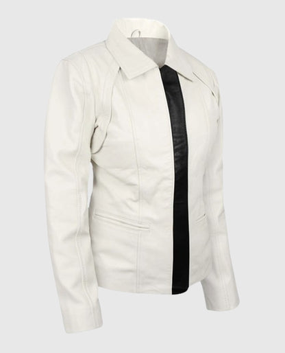 Women's Off-White Shirt-Style Collar Leather Jacket