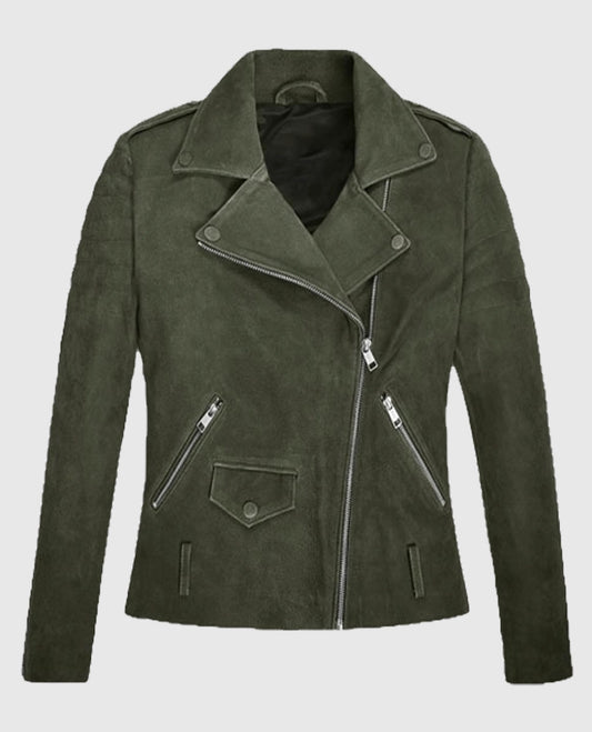 Women's Olive Suede Moto Leather Jacket