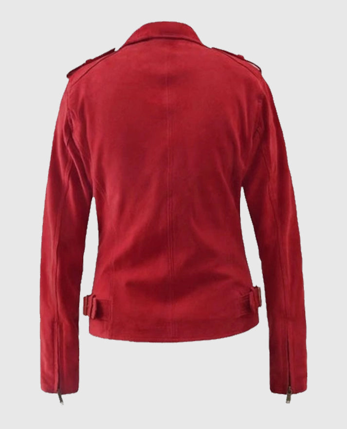 Women's Red Suede Leather Biker Jacket