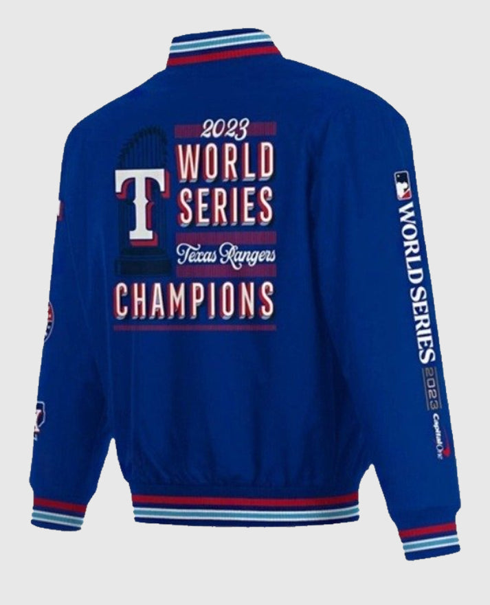 World Series 2023 Texas Rangers Champions Blue Varsity Jacket