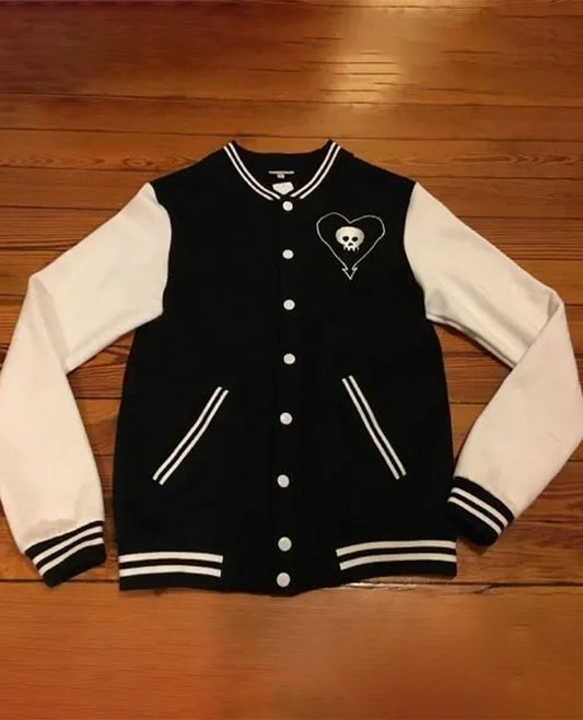 Shop Alkaline Trio Varsity Jacket with Heart and Skull Emblem
